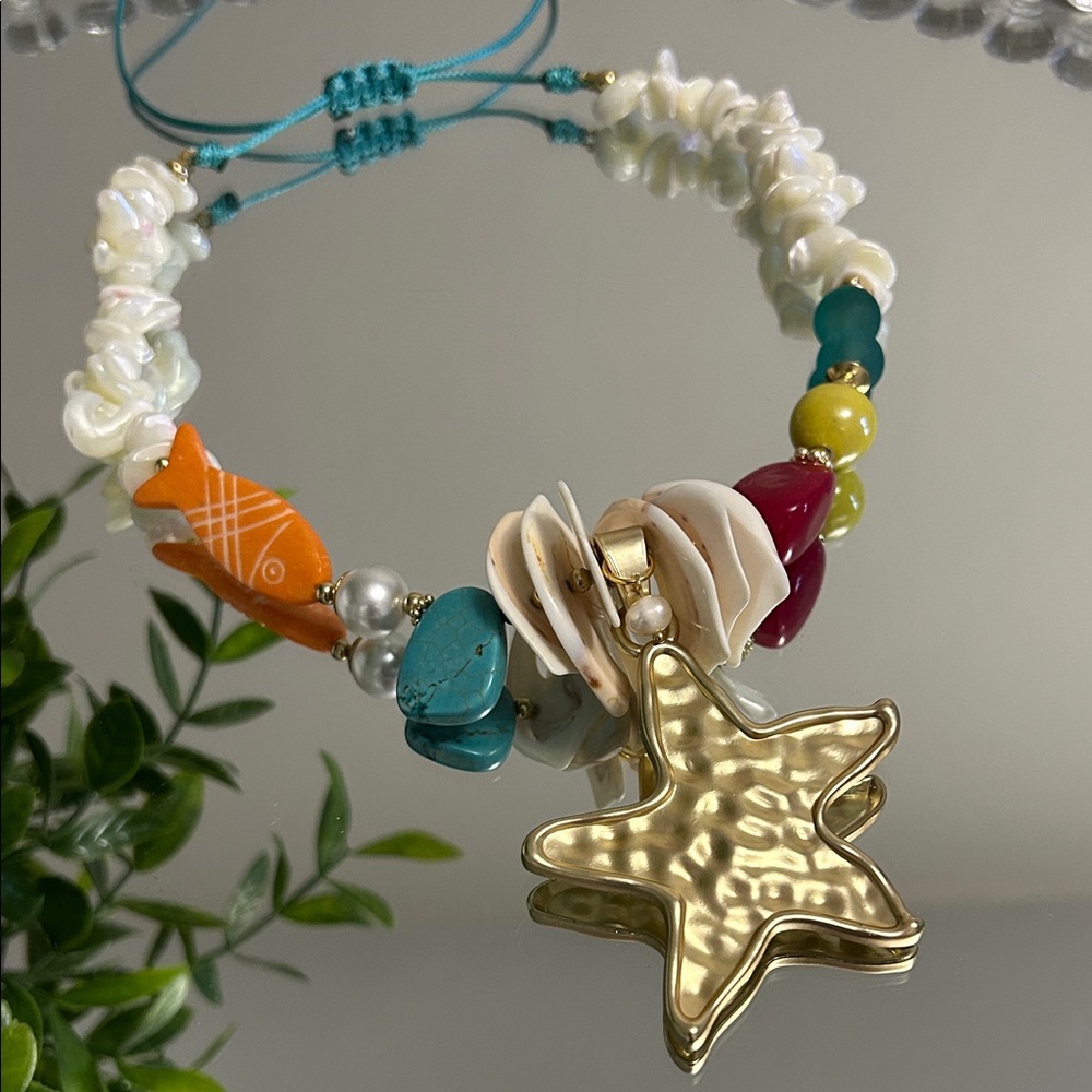 Gold Star Seashell Necklace with Turquoise & Multicolor Beads